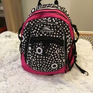 High Sierra pink black and White patterned backpack with suspension stra…